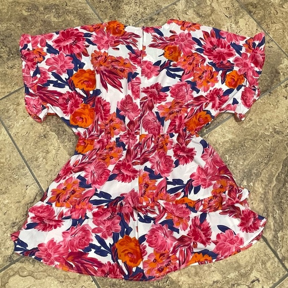 UMGEE PINK & ORANGE FLORAL ROMPER RUFFLE SHORT SLEEVE V-NECK DRAWSTRING WAIST - Picture 6 of 15